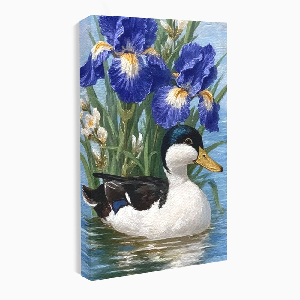 Tablou canvas cu tablou canvas cu rata pe lac si flori de iris, fara rama, pe sasiu de lemn
